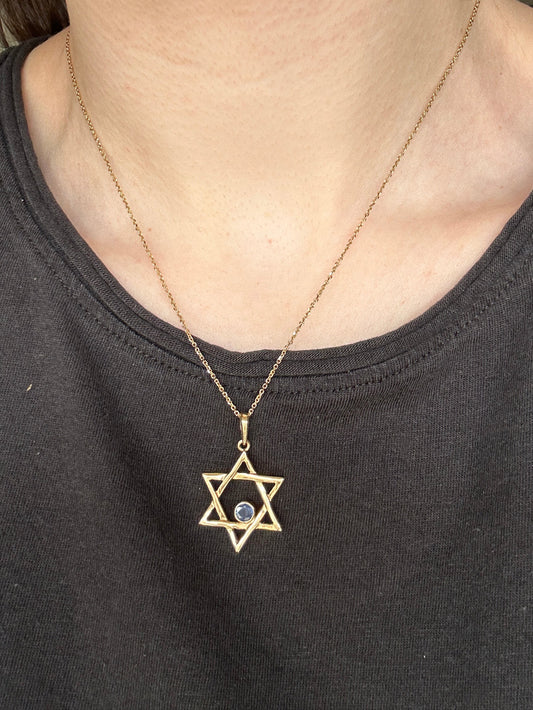 Estate 14k Yellow Gold Synthetic Sapphire Star of David Pendant