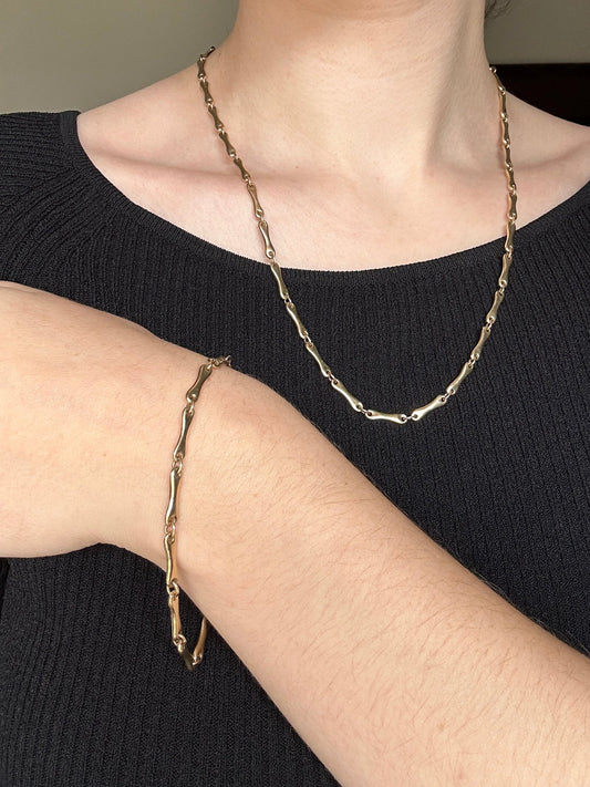 Vintage Bone Link 14k Yellow Gold Bracelet and Chain Set