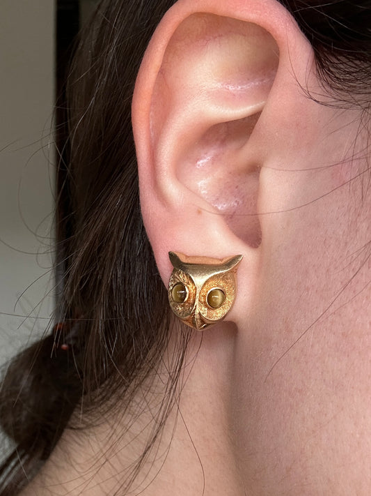 Vintage 14k Yellow Gold and Tiger's Eye Owl Studs