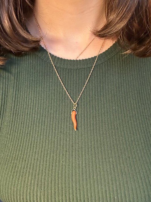 Vintage Yellow Gold and Coral Cornicello Horn Pendant