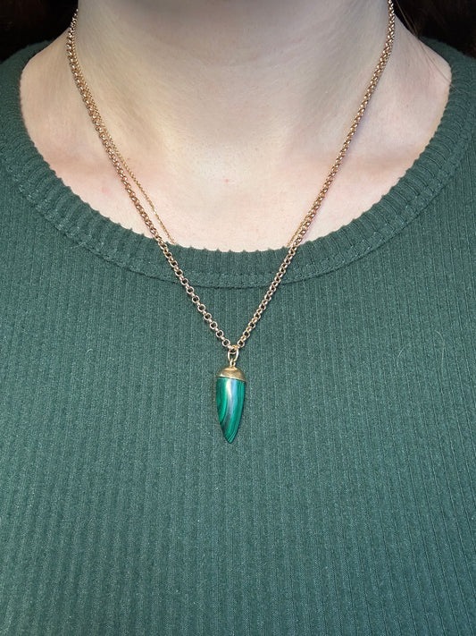 Vintage Yellow Gold Pointed Malachite Drop Pendant