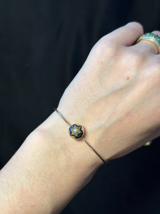 Victorian 14k Yellow Gold Diamond and Pearl Enamel Star Bracelet