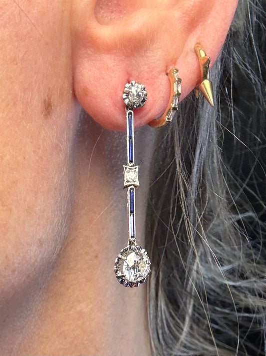 French Art Deco Diamond and Sapphire Drop Earrings