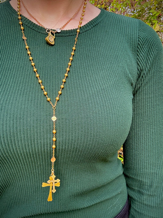 Vintage 18k Yellow Gold Cross and Crucifix Rosary Necklace