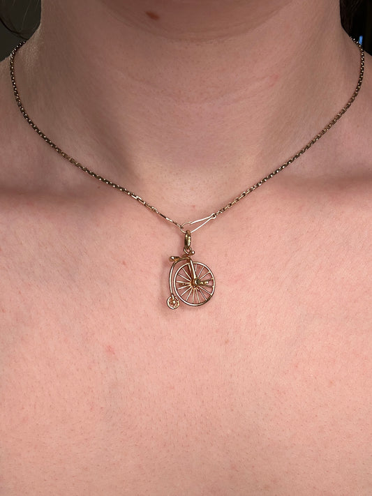 Vintage Articulated 14k Gold Penny Farthing Big Wheel Bicycle Pendant
