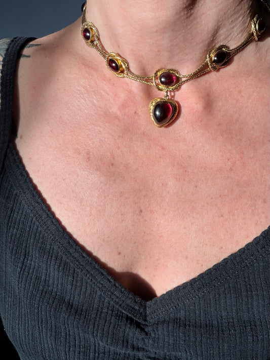 Georgian Cabochon Garnet Heart Necklace