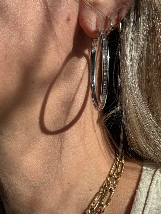 Baguette Cut Diamond and 18k White Gold Large Hoop Earrings