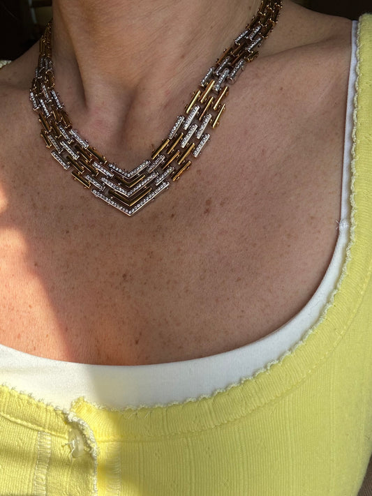 Vintage 18k Two Tone Chevron Diamond Collar Necklace