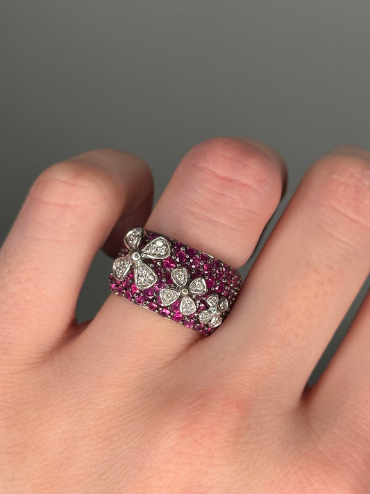 Estate Sonja B. Designs 18k White Gold Pavé Ruby and Diamond Flower Ring