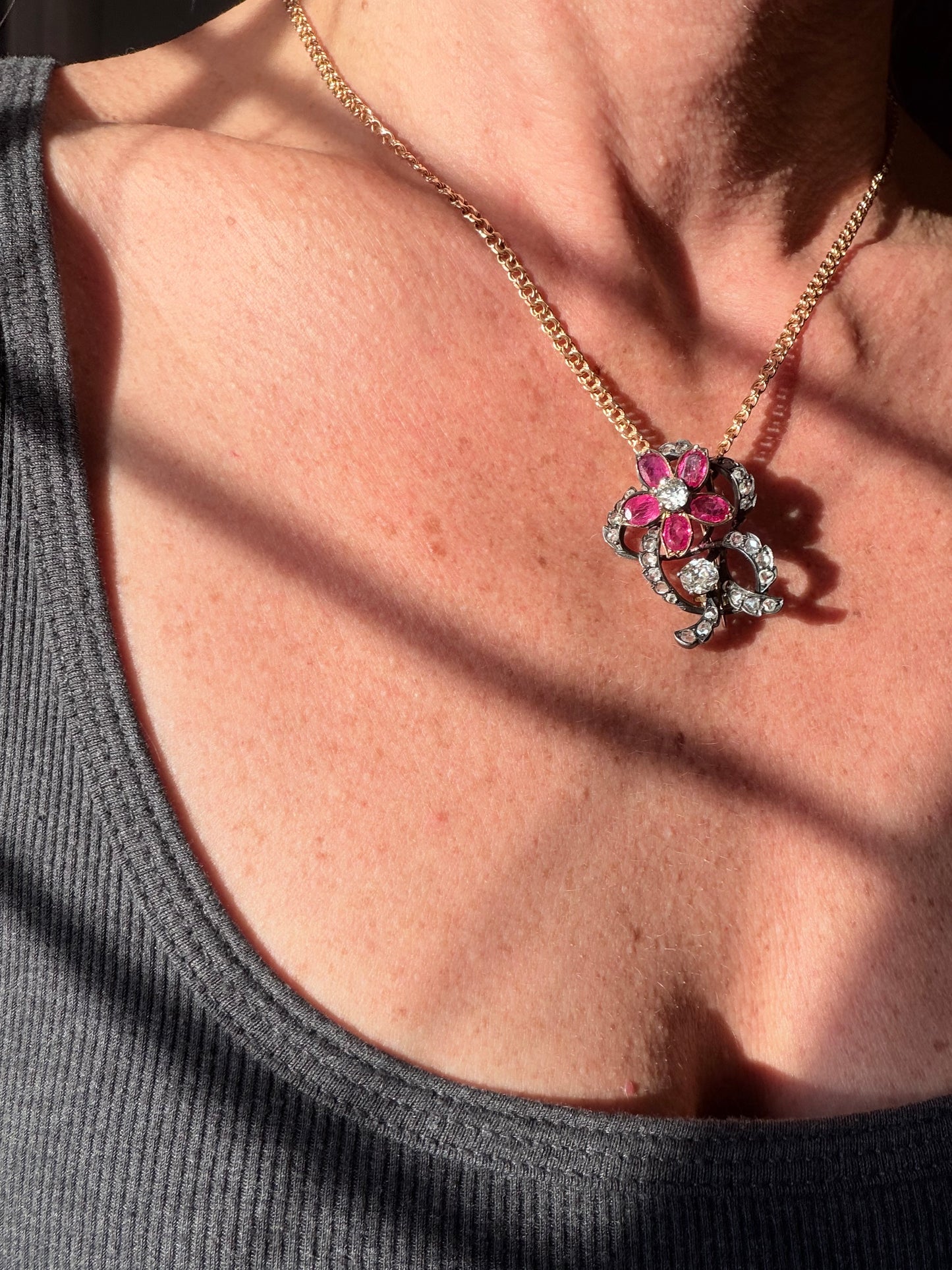 Victorian Burma Ruby and Diamond Floral Brooch