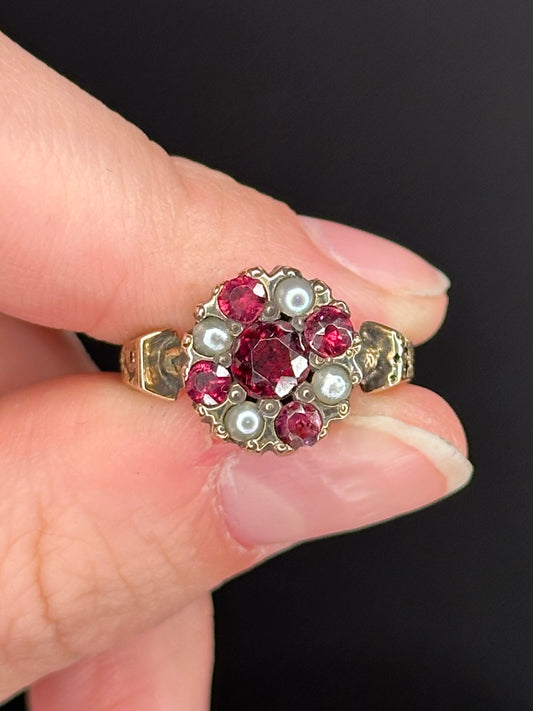 Georgian Gold Garnet and Pearl Ring