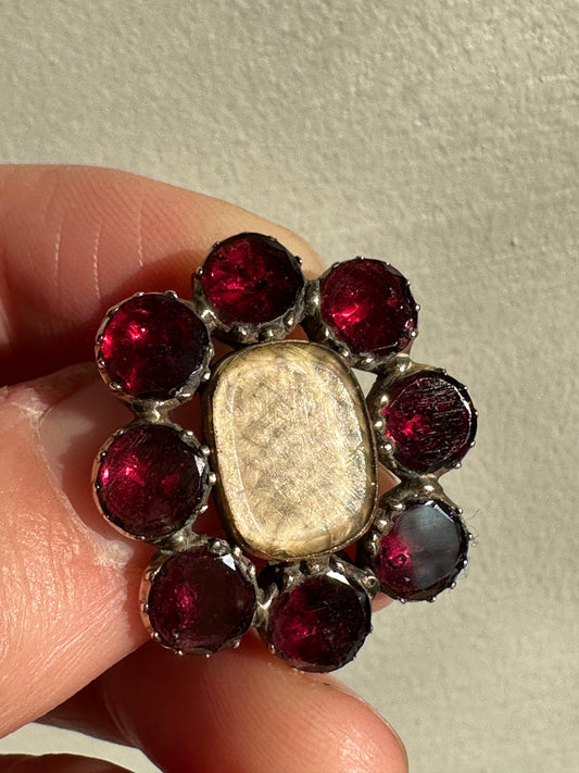 Georgian Foiled Garnet Mourning Woven Hair Brooch