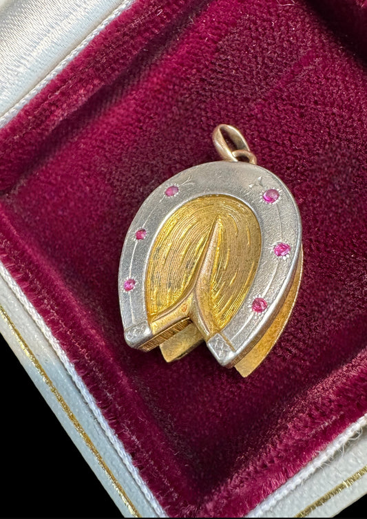 Antique 15-18ct Yellow Gold, Silver, and Ruby Horseshoe Locket