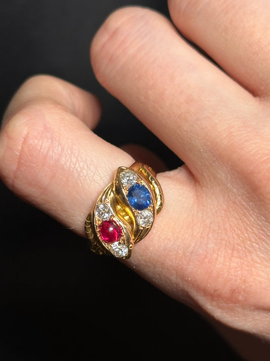 Victorian 18k Rose Gold Ruby, Sapphire and Diamond Snake Ring