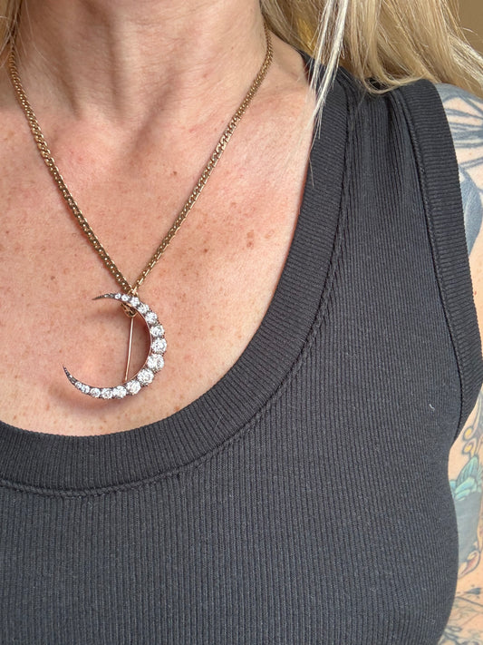 Victorian Antique Diamond Crescent Moon Brooch