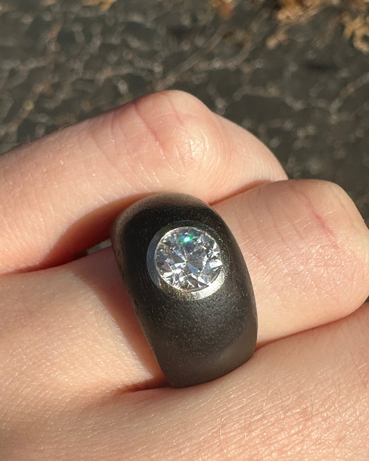 Antique Old Cut Diamond Silver and Ebony Solitaire Ring