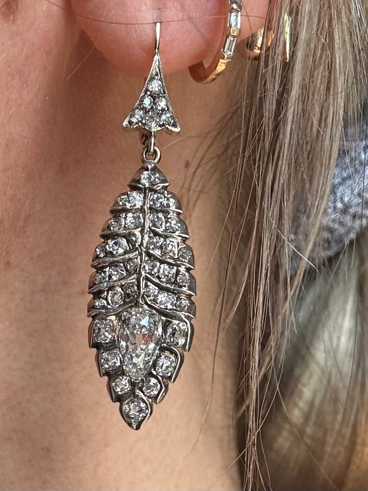 Antique Old Mine Cut Diamond Leaf Dangle Earrings