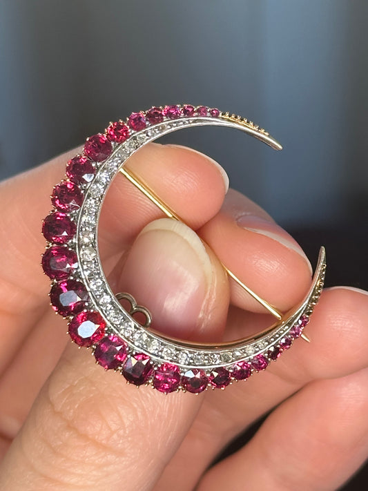 Victorian Ruby and Diamond Crescent Moon Brooch