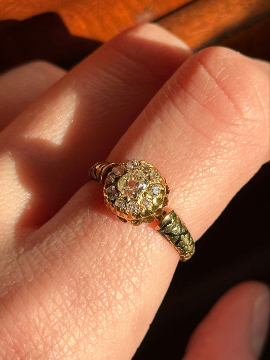 Victorian Old Cut Diamond and Enamel Cluster Ring