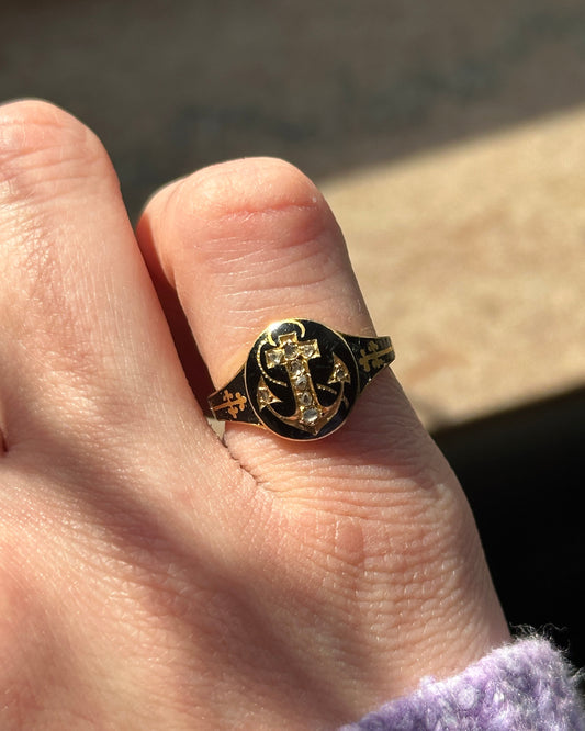 Victorian Diamond and Enamel Anchor Mourning Ring