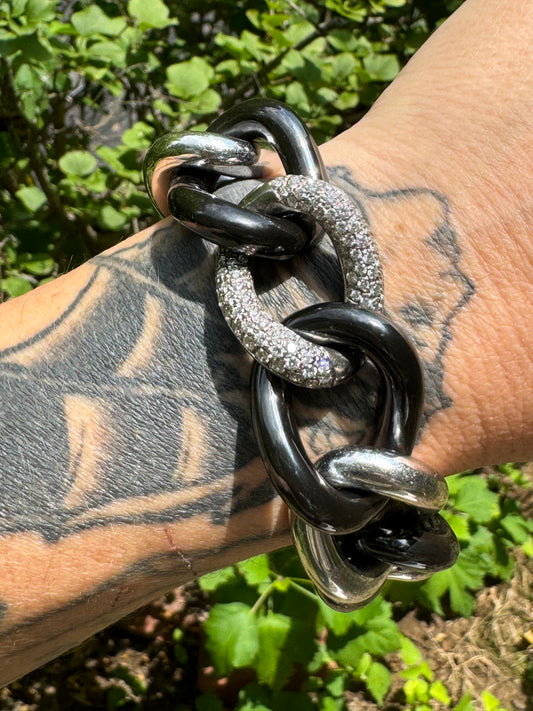 Vintage 18k White Gold Diamond and Hematite Curb Bracelet