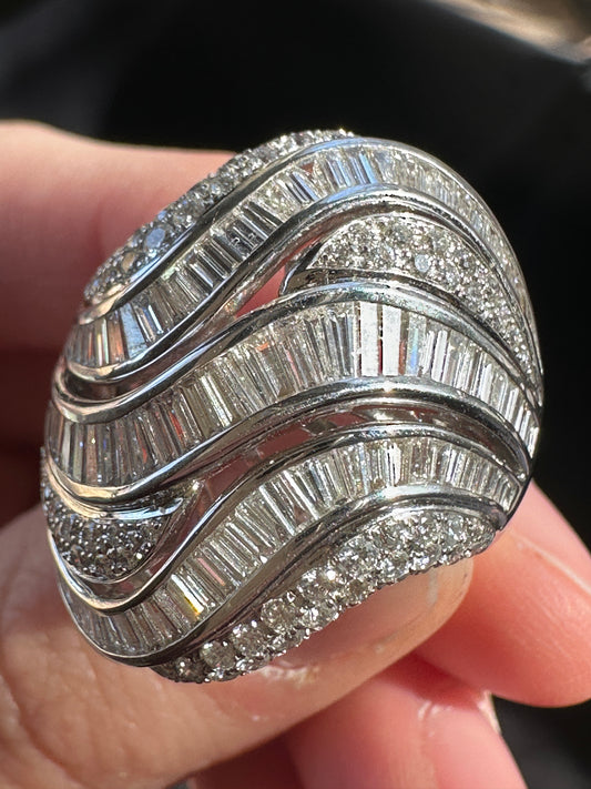 Vintage 18k White Gold Round and Baguette Cut Diamond Dome Ring
