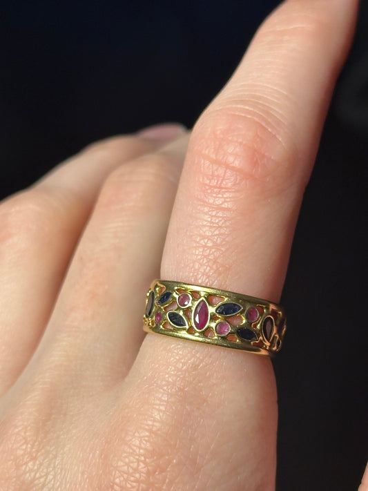 Vior Designer Adjustable Open Work Sapphire and Ruby Ring