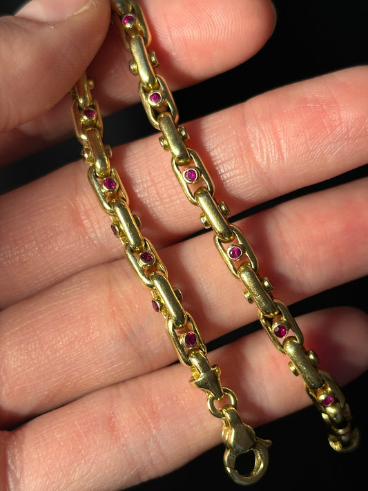 Vintage Industrial Link Ruby Solid 18k Gold Bracelet