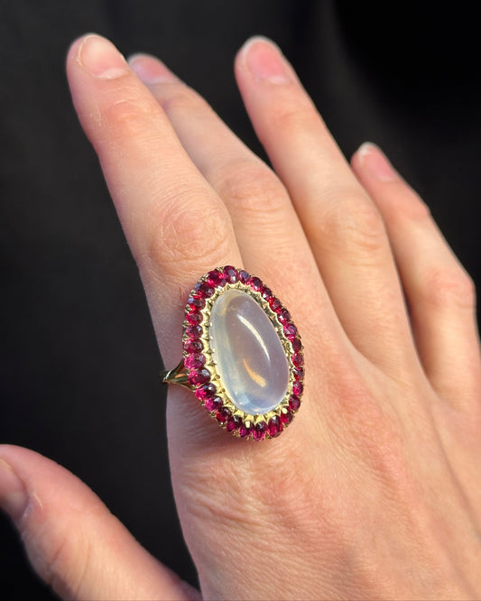 Vintage Moonstone Cabochon and Ruby Ring