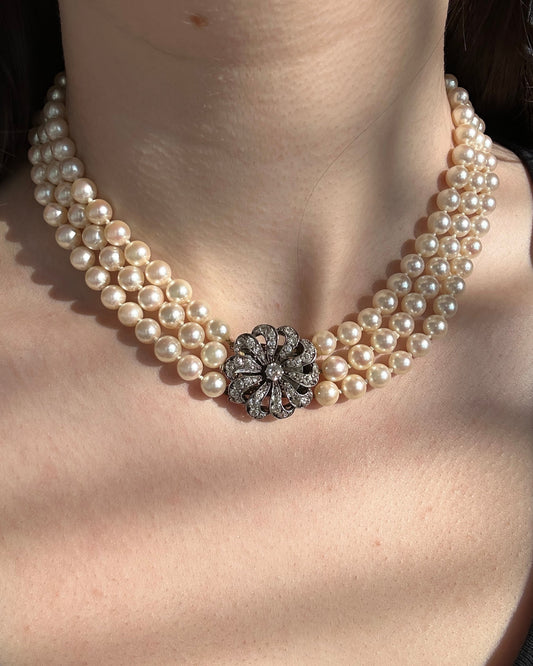 Antique Three Strand Pearl Collar Necklace with Diamond Flower Clasp