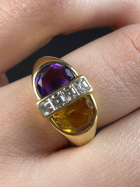 1980s Cartier Designer 18k Amethyst, Citrine, and Diamond Ring
