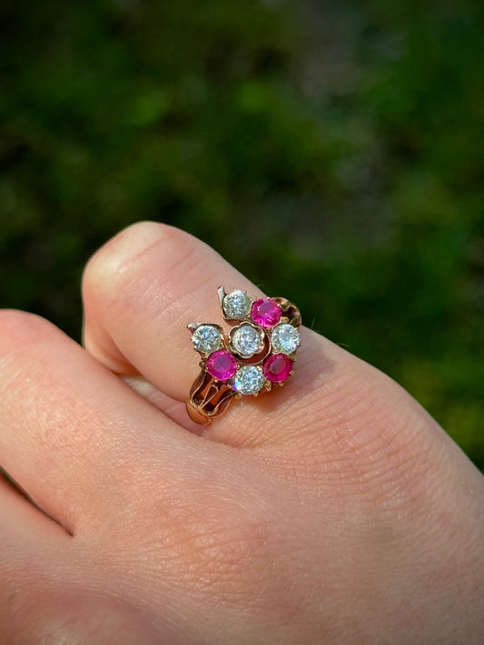 Victorian Ruby and Old Mine Cut Diamond Horseshoe Ring