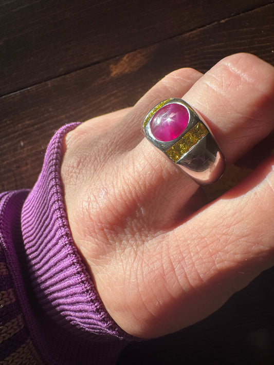 Vintage Flush Set Burmese Star Ruby Yellow Diamond Ring