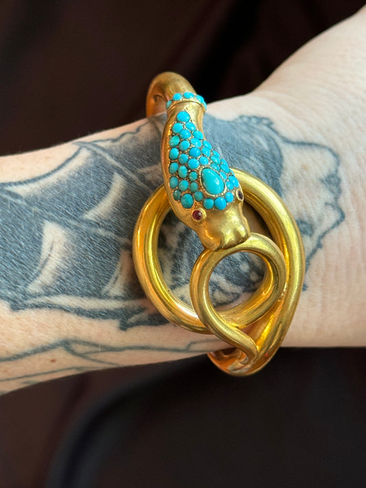 Antique 18k Yellow Gold Turquoise and Ruby Boxed Snake Bangle