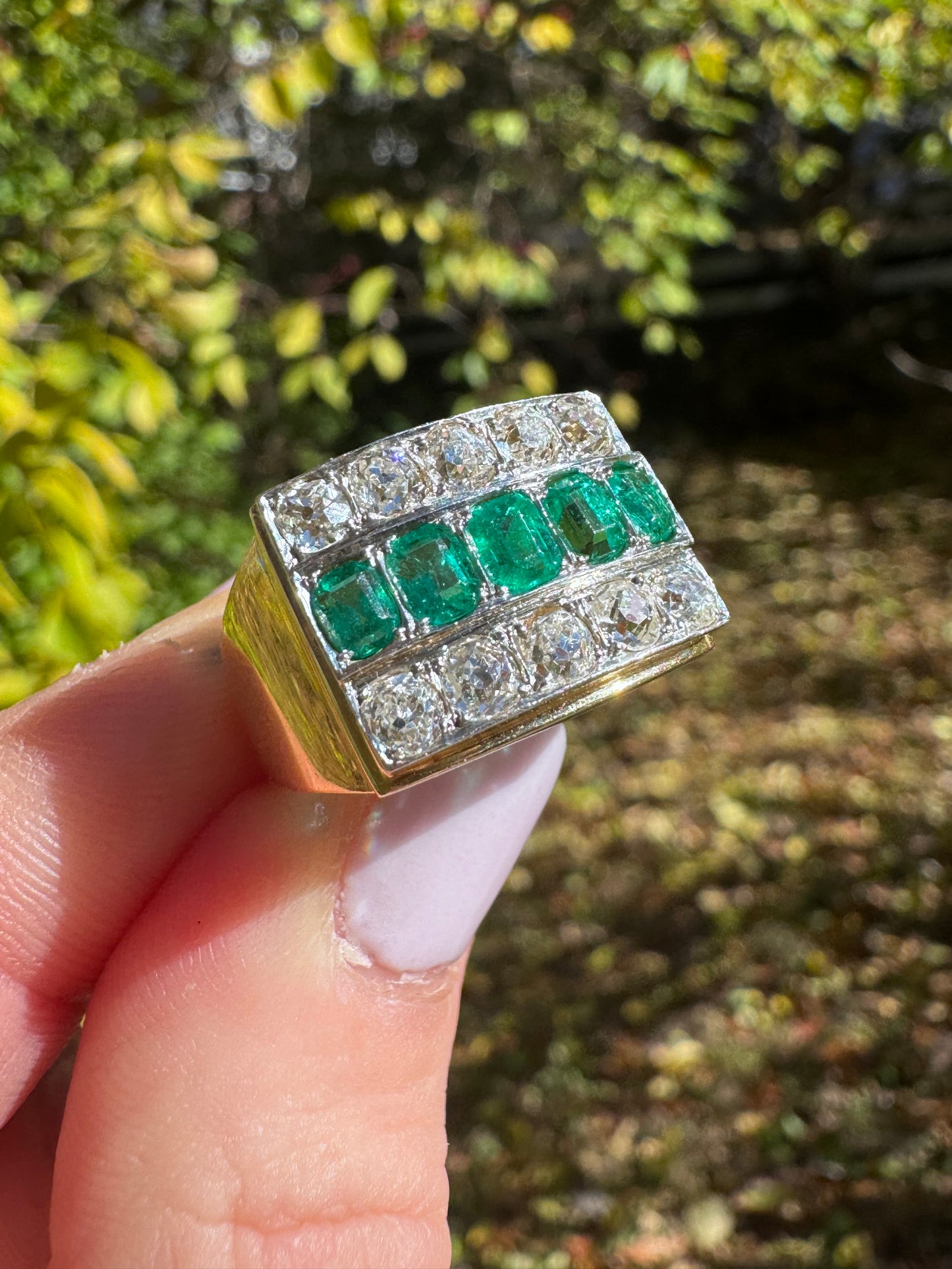 Antique Emerald and Old Mine Cut Diamond Three Row Ring