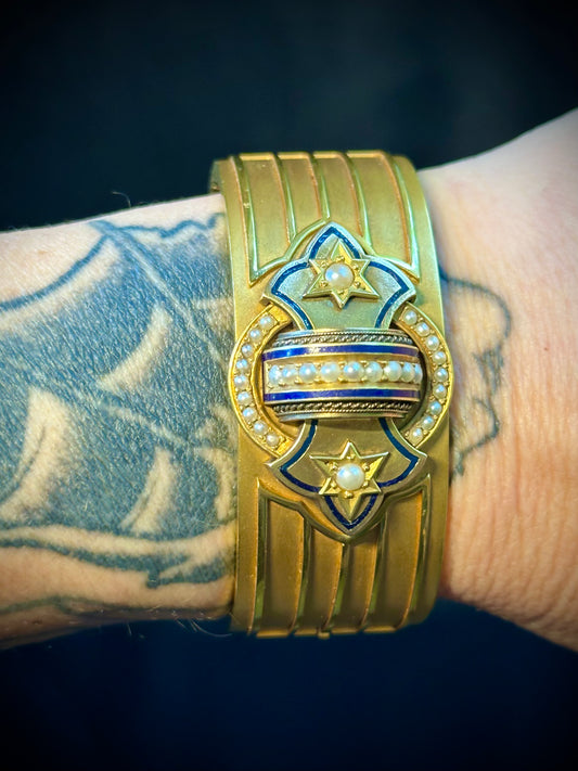 Victorian Enamel and Pearl Wide Bangle