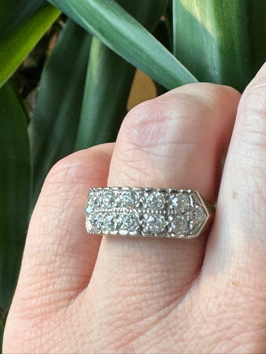 Old Mine and Old European Cut Diamond and 14k White Gold Ring