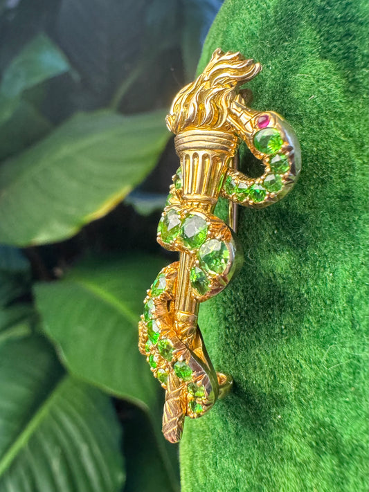 Victorian Demantoid Garnet Snake Torch Brooch
