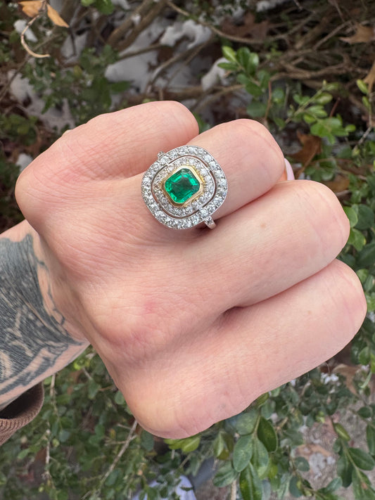 Art Deco Emerald and Diamond Cluster Ring