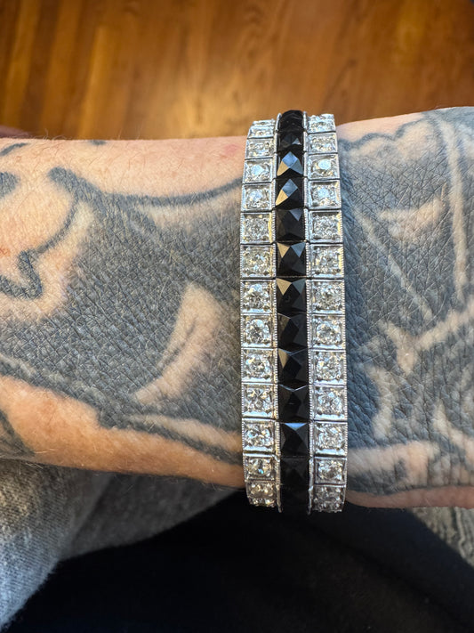 Art Deco Mixed Antique Cut Diamond and Onyx Line Bracelet