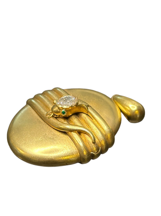 Victorian 18k Yellow Gold Old Mine Cut Diamond and Emerald Snake Locket