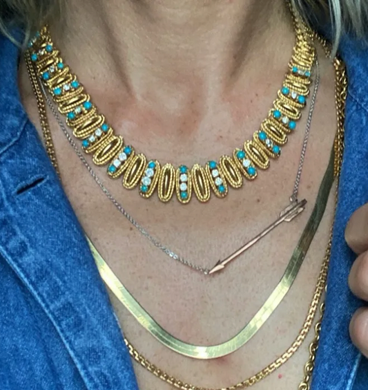 Mid Century 18k, Old Diamond and Turquoise Collar Necklace