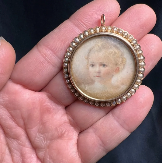 Antique Child Portrait Brooch or Pendant with Pearls