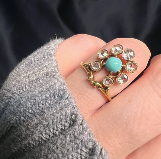 Art Nouveau Turquoise and Rose Cut Diamond Ring