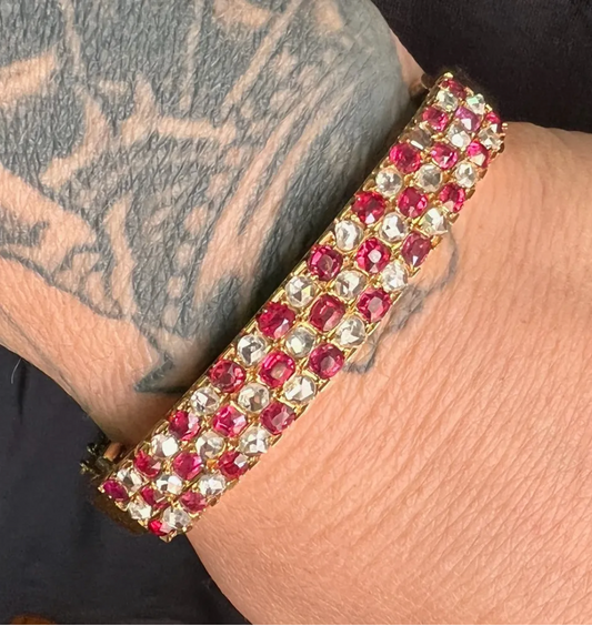 Victorian Ruby and Rose Cut Diamond Checkerboard Bangle