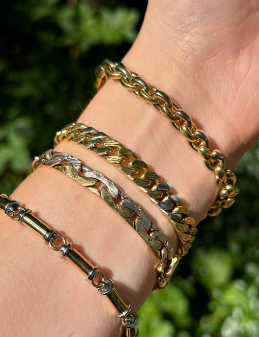 Vintage Solid 18k Two-Tone Gold Textured Alternating Curb Bracelet