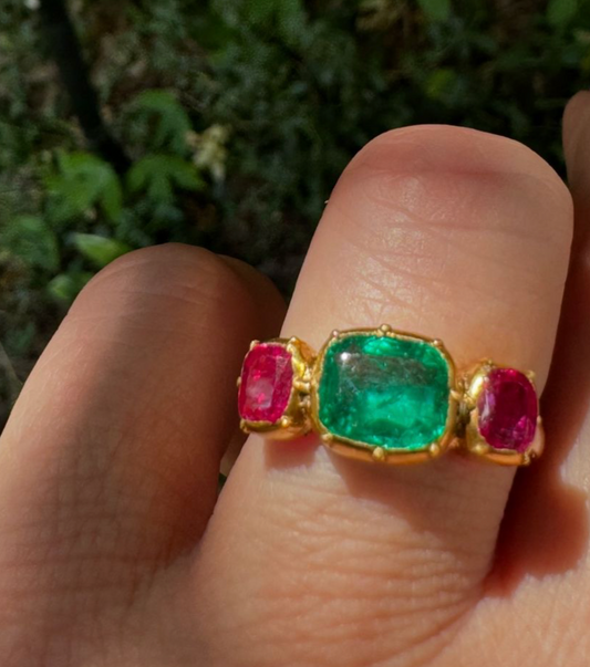 Antique 22ct Emerald and Ruby 3 Stone Ring