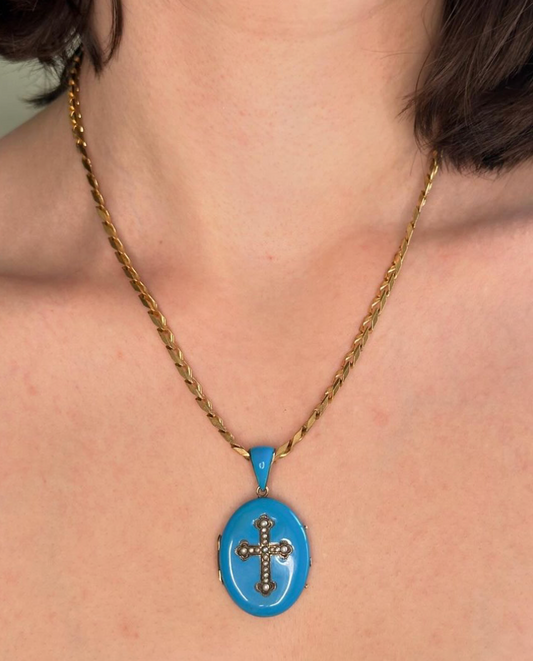 Vintage Blue Enamel Seed Pearl Cross Locket