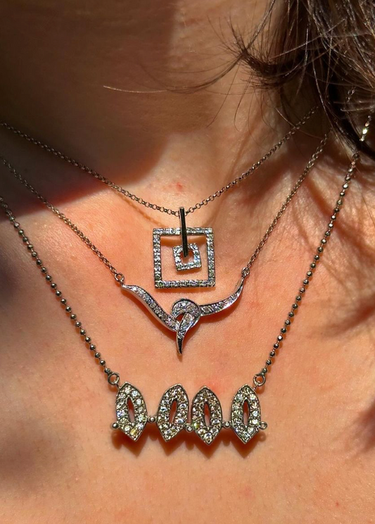 Estate 18k White Gold Pavé Diamond Square Necklace