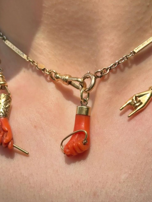 Victorian 14k Yellow Gold Coral Mano Figa Charm Holder